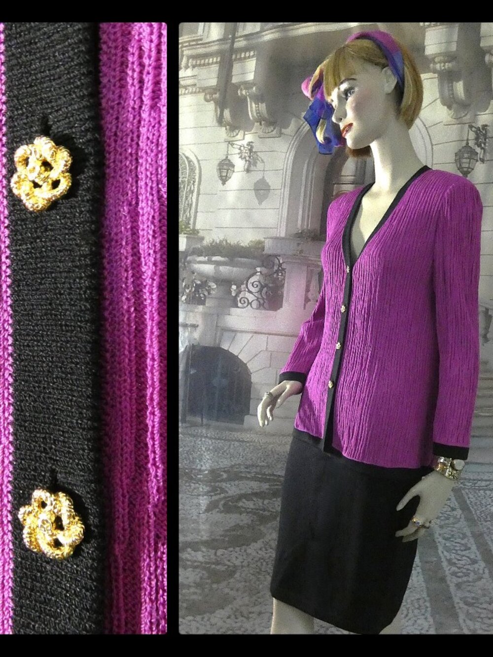 St. John Collection Suit Lavender w Black Trim Rib Jkt Sz 10 Skirt Trad Vertical